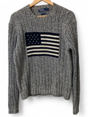 Vintage Polo by Ralph Lauren Gray Navy White Marled Flag Knit Sweater